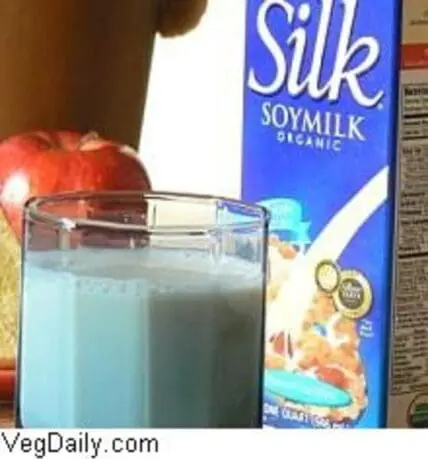 Glass of Silk soymilk next to carton and apple