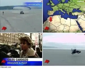 Giles Cardozo demonstrates his skycar design on a beach with vehicle and map insets
