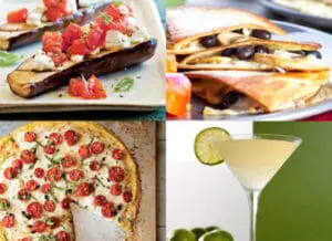 Four appetizers and cocktail dishes: bruschetta with tomatoes, quesadillas with black beans