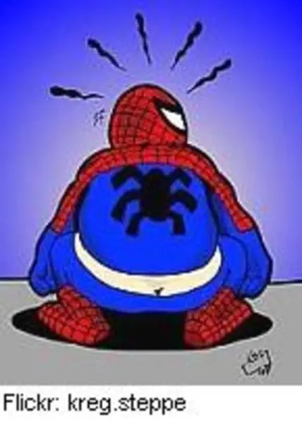 Spider-Man cartoon character sitting down with a large spider on his chest