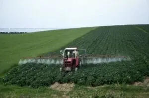 Red tractor spraying pesticides on agricultural crops