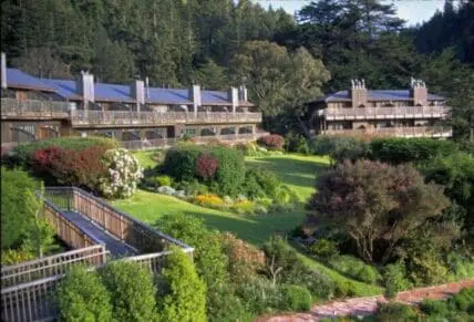 Stanford Inn's lush grounds and wooden lodge buildings nestled among redwood trees