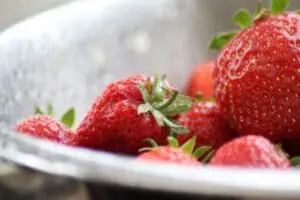 Fresh red strawberries with green stems in a white bowl