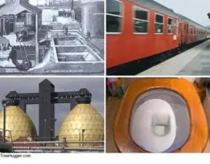 Four images showing historical and modern waste management systems and toilet facilities