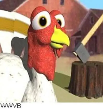 Animated red and white rooster with yellow beak in farmyard setting
