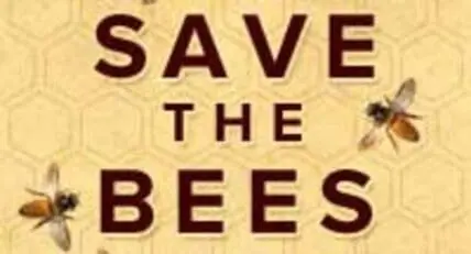 Text reading "Save the Bees" with honeycomb background and illustrated bees