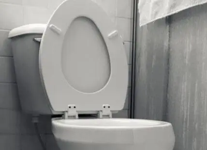 White toilet seat with hinged foot rest attachment in bathroom