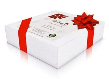 White gift box with red ribbon and bow for Organic Whey holiday giveaway