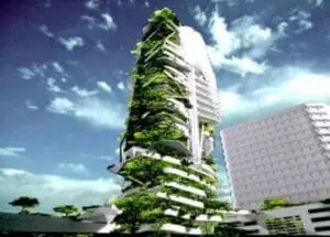 Modern high-rise building with lush green vertical gardens cascading down its facade.