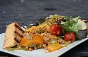 Grain-based dish with roasted vegetables and grilled bread on white plate