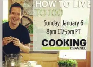 Promotional graphic for "How to Live to 100" cooking show debuting Sunday, January 6 at 8pm ET/5pm
