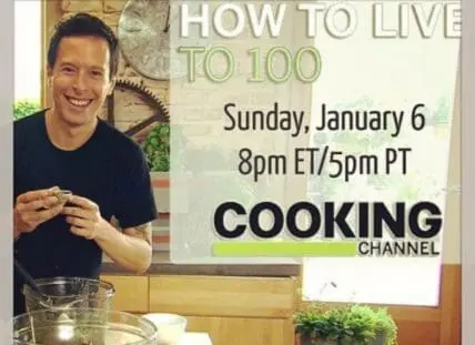 Promotional graphic for "How to Live to 100" cooking show debuting Sunday, January 6 at 8pm ET/5pm