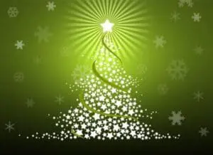 Abstract Christmas tree made of white stars on green background with radiating light