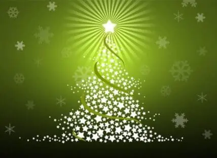 Abstract Christmas tree made of white stars on green background with radiating light