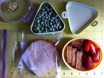 Packed school lunch containers with blueberries, whole wheat bread, brownies, and strawberries