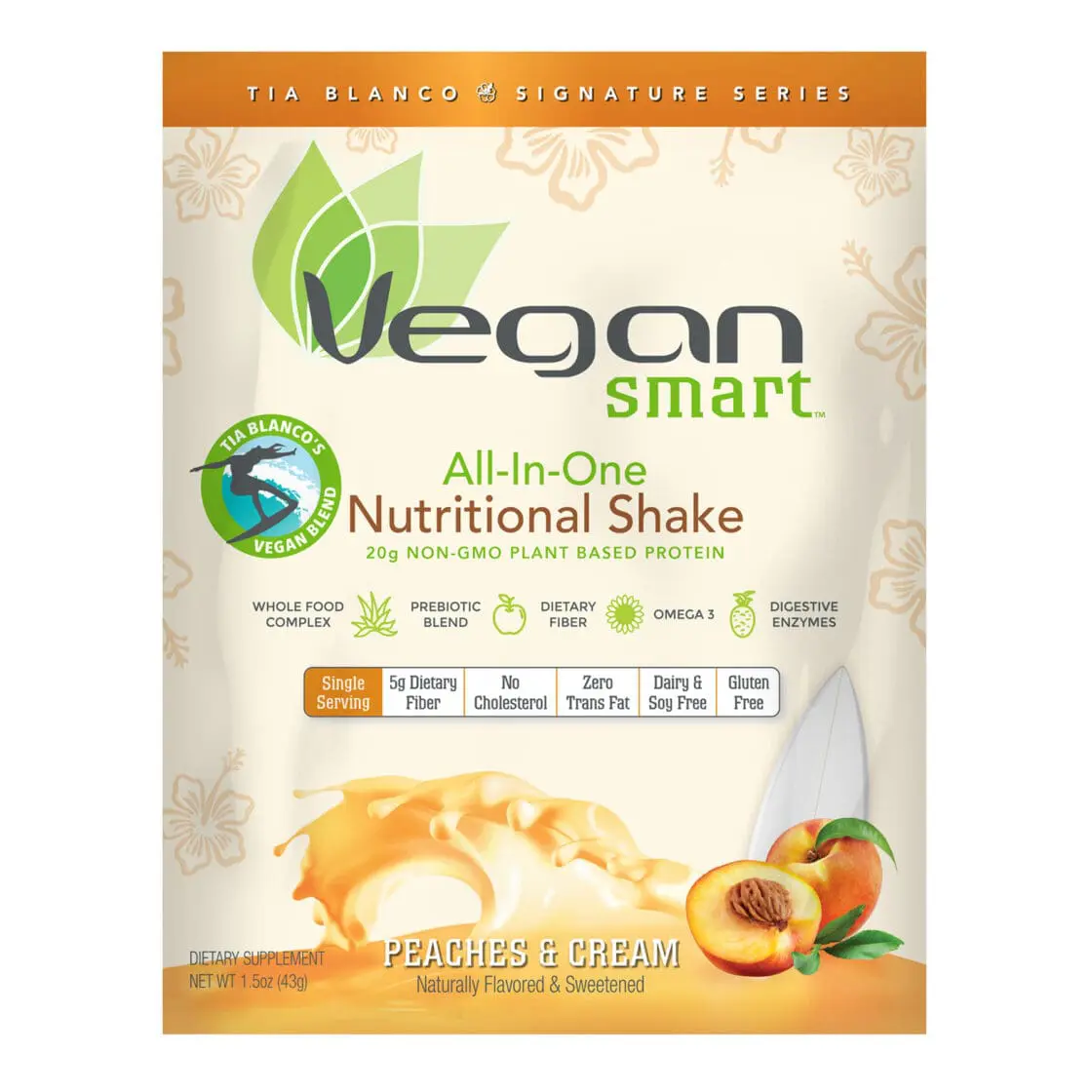 VeganSmart Tia Blanco Signature Series Nutritional Shake packet in Peaches and Cream flavor