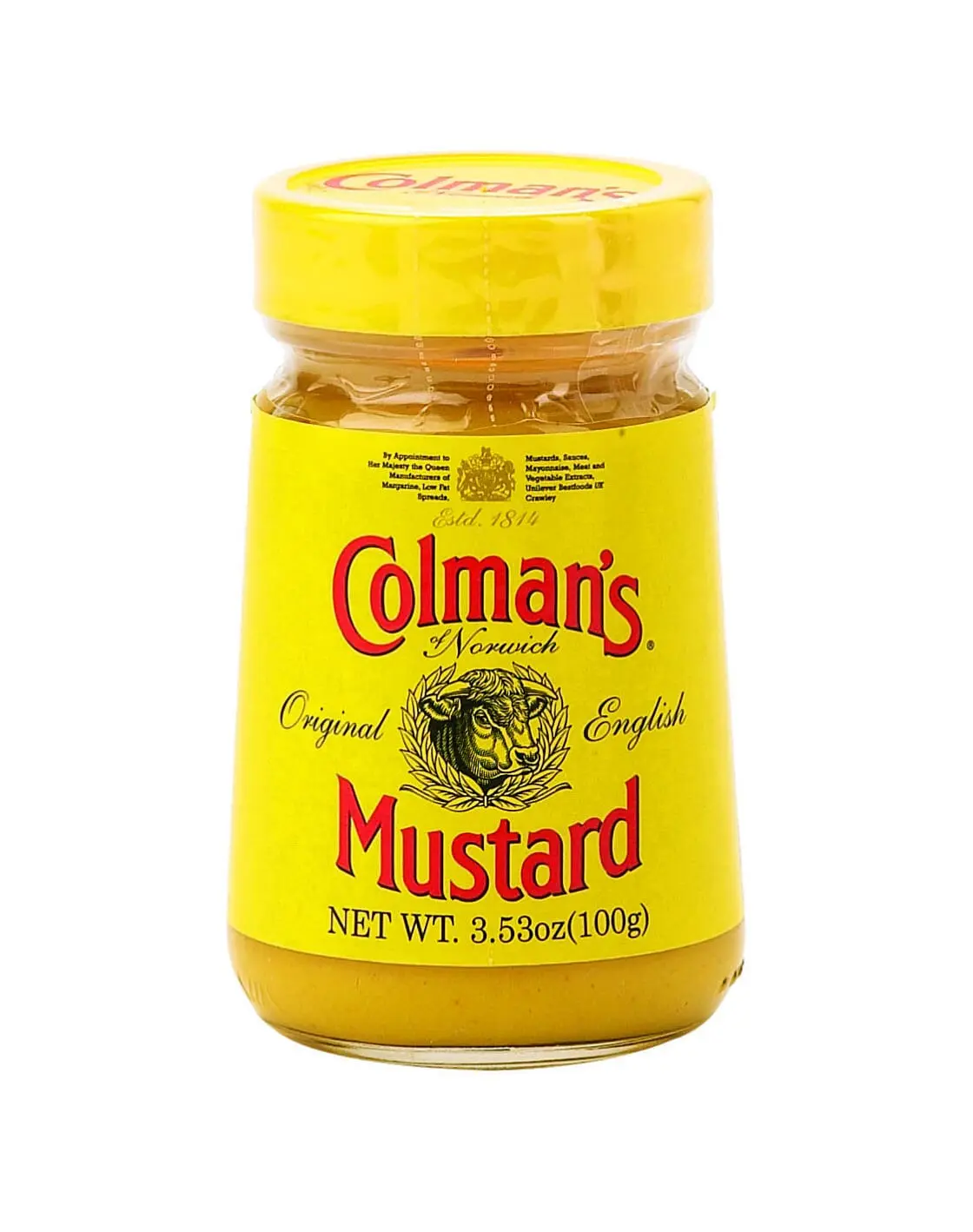 A jar of Colman's prepared mustard
