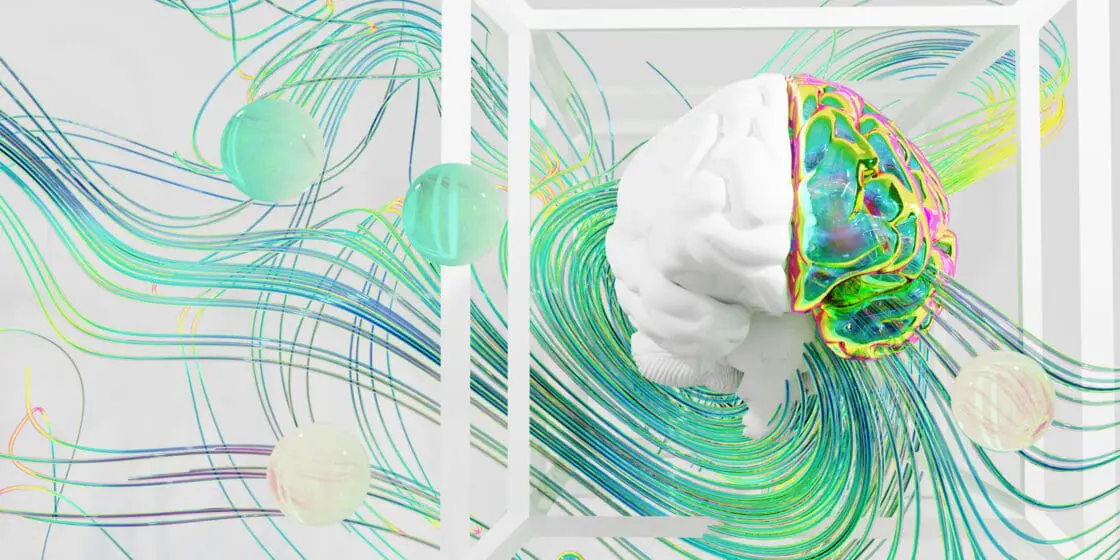 Image of a visually exciting piece of art featuring a white sculpture of a brain with half of it covered in colorful paint that appears to run off into a cool design. This is a visual representation of the connection of mental fitness and Alzheimer's prevention.