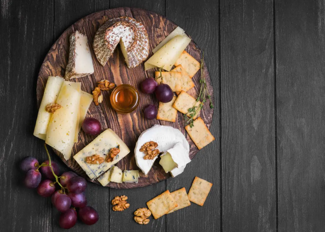 An assorted cheese board