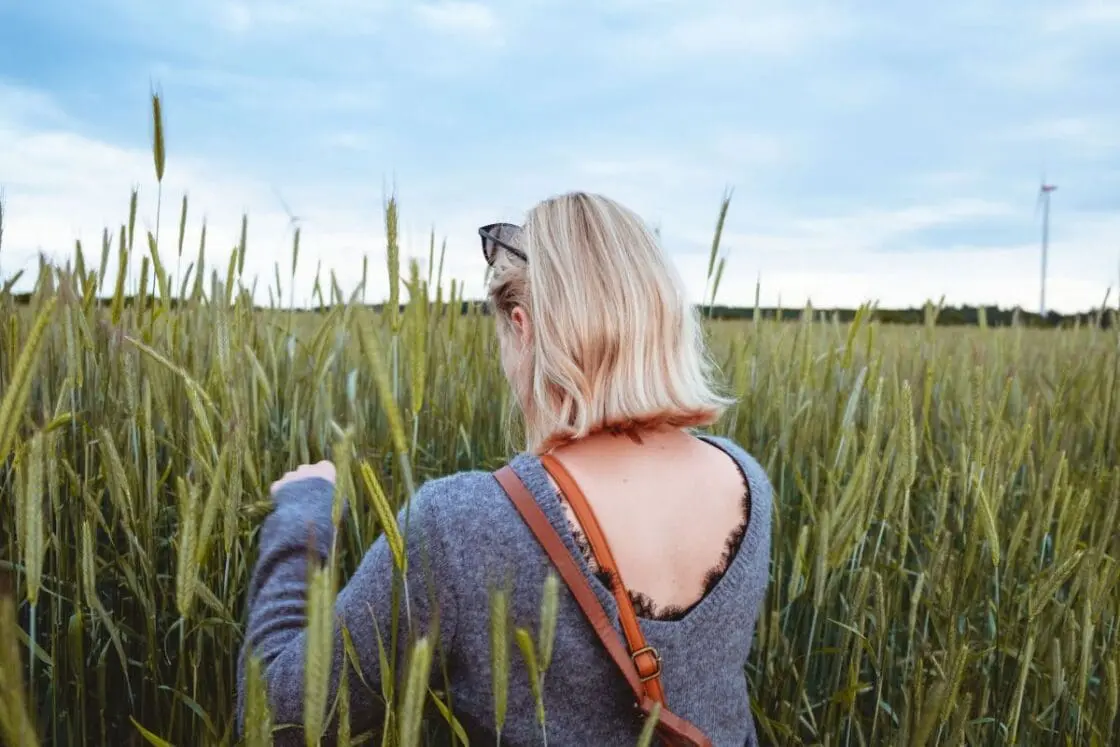 woman in field of wheatgrass used to make wheatgrass powder