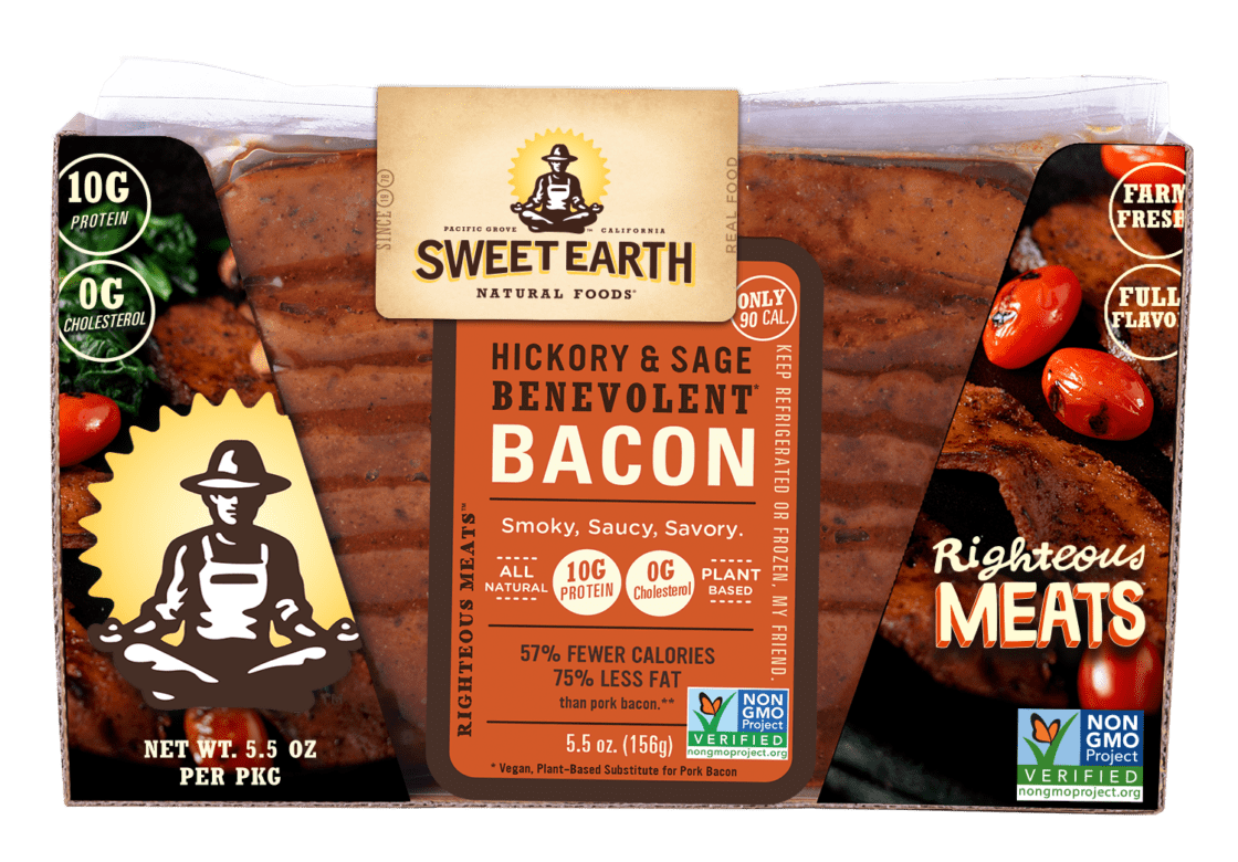Sweet Earth Benevolent Bacon hickory and sage plant-based bacon package, Righteous Meats