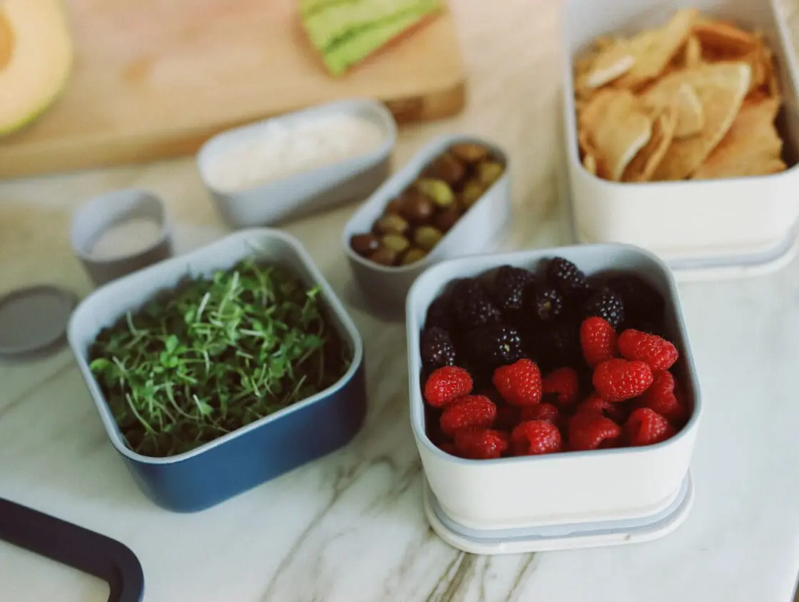image of sprouts, Tziki dip, Italian Olives, pita chips and fresh berries all stored in Caraway's food storage containers.