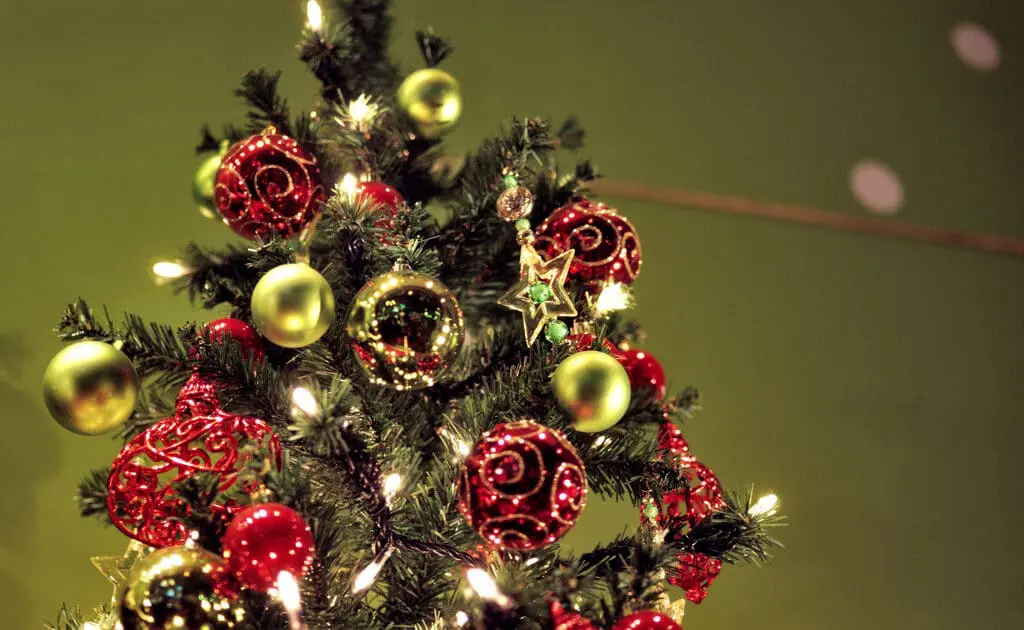 Christmas tree with red and green ornaments.