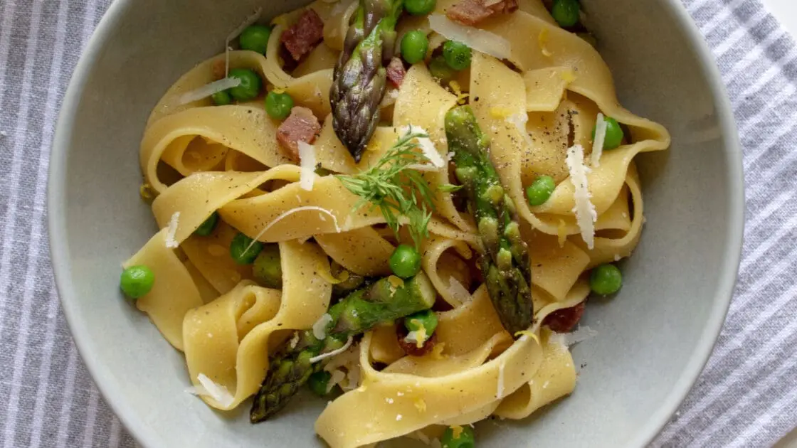 Pappardelle Pasta with Pancetta, Peas, and Asparagus