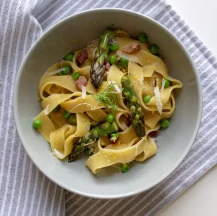 Pappardelle Pasta with Pancetta, Peas, and Asparagus