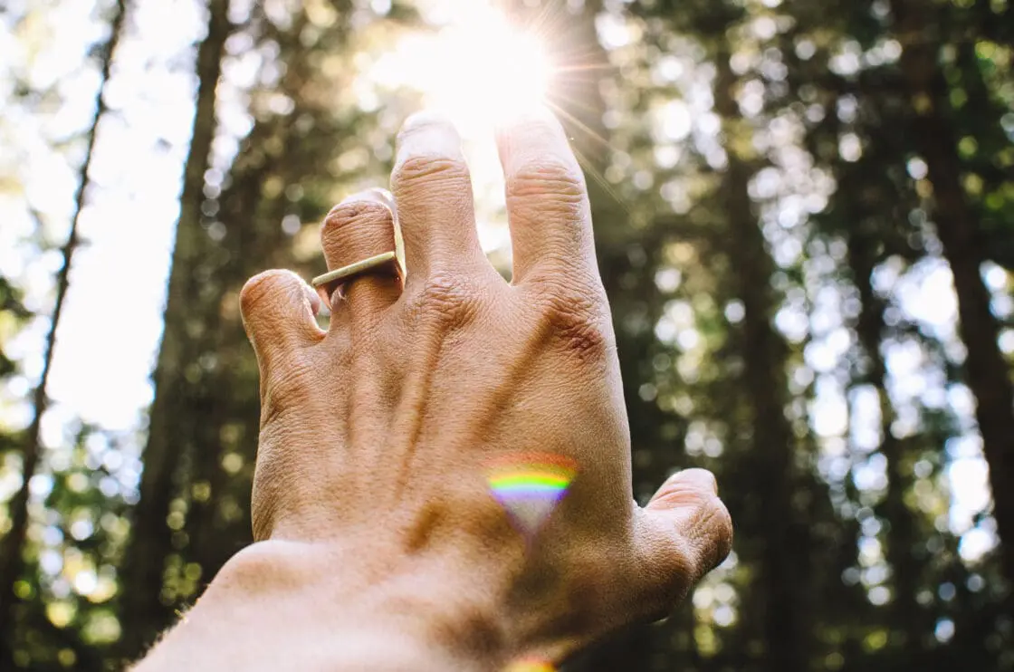 image of a closeup of a hand with a single gold ring and prism of light reaching toward the sunlight in the woods. This shows the spiritual side of a total body detox via Organic Authority.