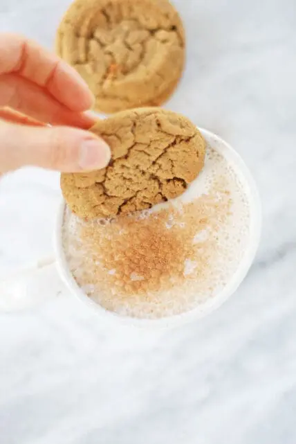 Close-up image of a gingersnap cookie being dipped into a mug full of gingerbread latte, topped with frothy milk and cinnamon.