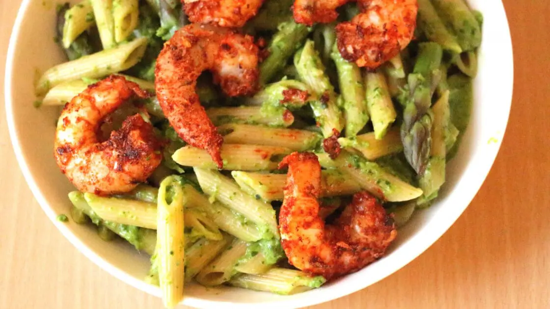 asparagus pesto pasta with cajun spiced shrimp
