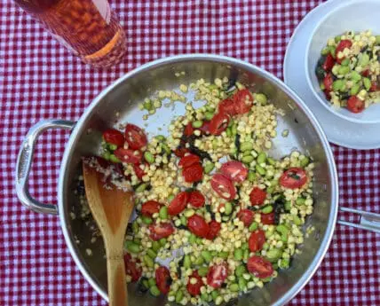 Image of a Sweet Corn Succotash Recipe being cooked in a stainless steel pan