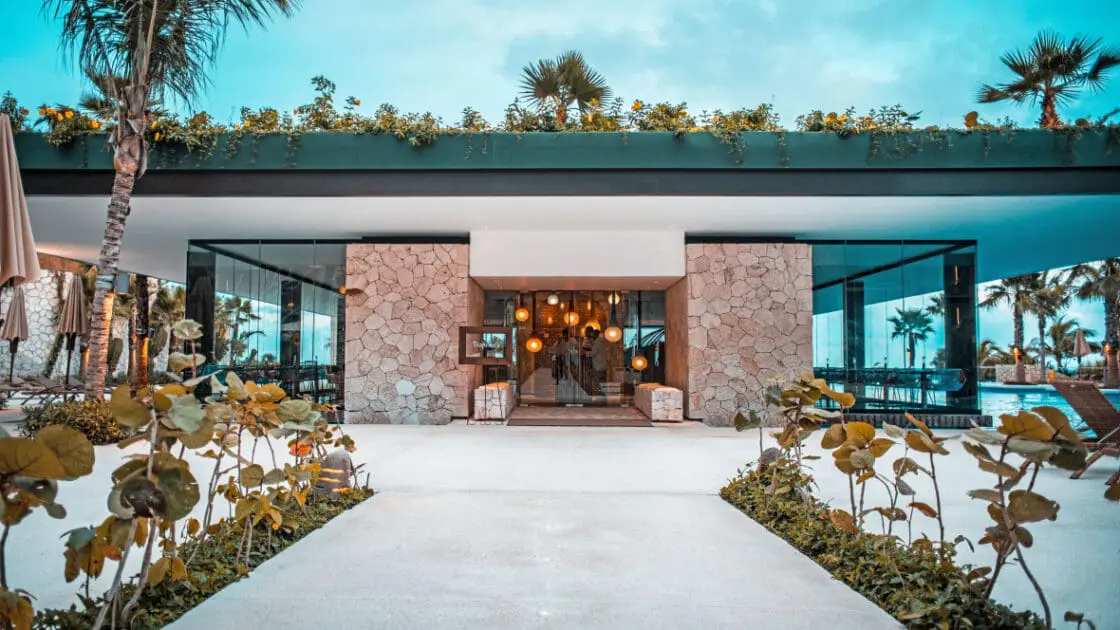 Image of Mexico vacation wellness resort outside lobby with tropical local plantlife and bright white paved walkway, and a blue sky in the background.