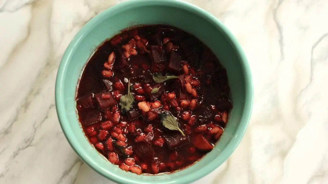 mushroom barley soup with cubed beets