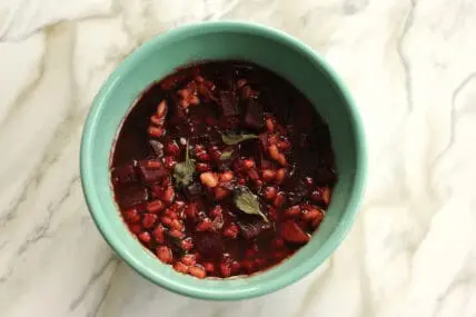 mushroom barley soup with cubed beets