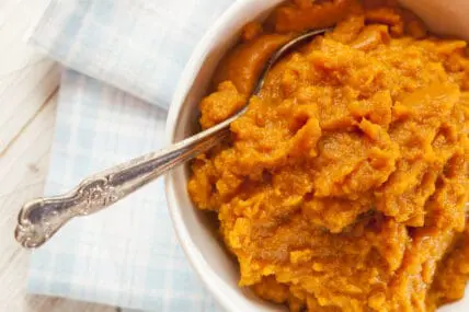 image of homemade pumpkin puree in a white bowl with a silver spoon in the puree and checked towel beneath