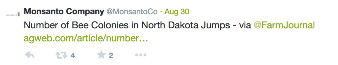 Monsanto Company tweet about the number of bee colonies in North Dakota jumping