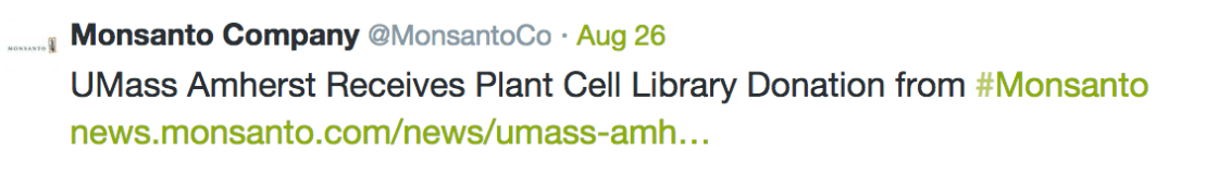 Monsanto Company tweet about UMass Amherst receiving a plant cell library donation