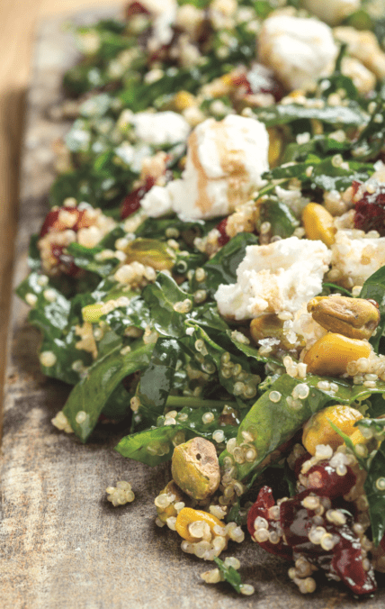 Millet and Lacinato Kale Salad Recipe with Dried Sour Cherries, Pistachios, and Chèvre