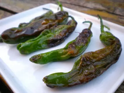 image: grilled shishito peppers on square white plate on wood table for grilled shishito peppers recipe via Organic Authority