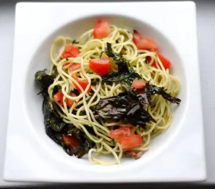 spaghetti with ramps and tomatoes