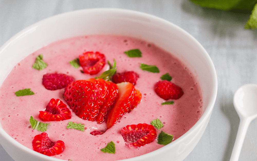Spring Smoothie Bowl with Strawberries, Raspberries, and Mint