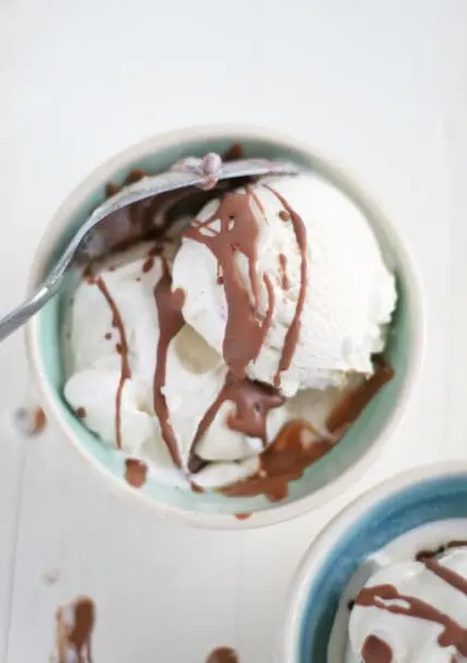 vanilla vegan ice cream with non-dairy chocolate sauce drizzled on top. This vegan vanilla ice cream no churn and no fuss.