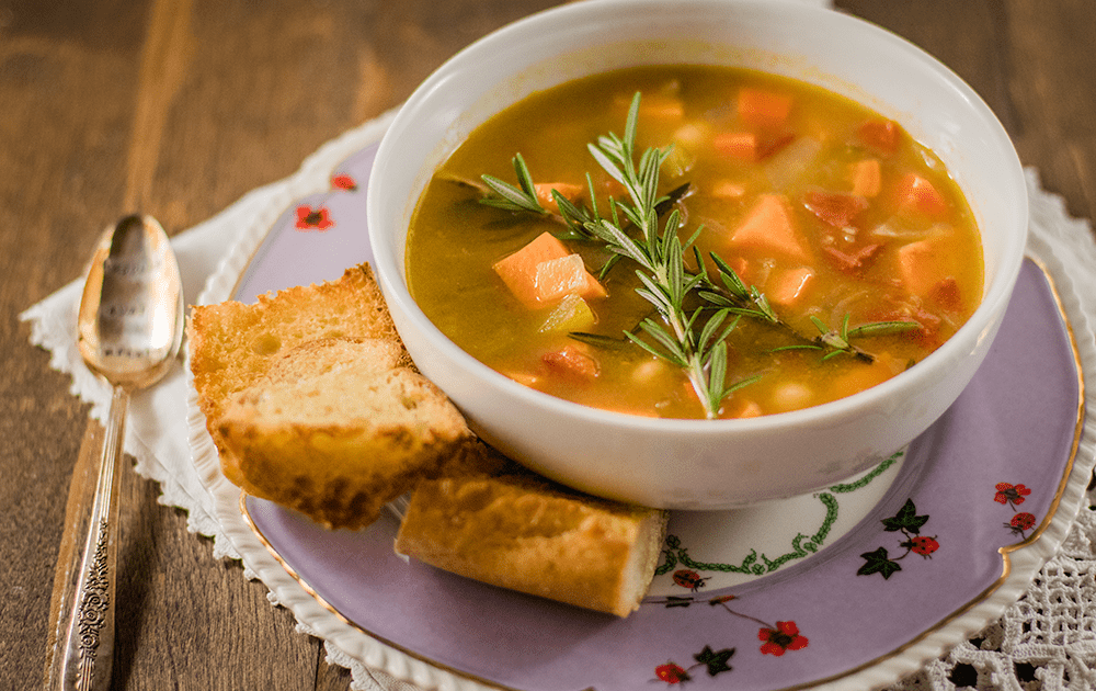 Vegan Soup Recipe with Sweet Potatoes, Chickpeas, and Rosemary