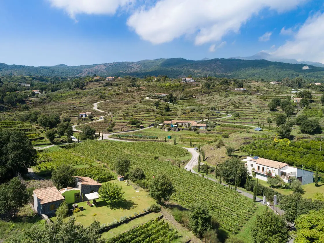 Image of the lush grounds of the wellness retreat at Monaci delle Terre Nere in Sicily with blue skies, green landscape and wandering paths.