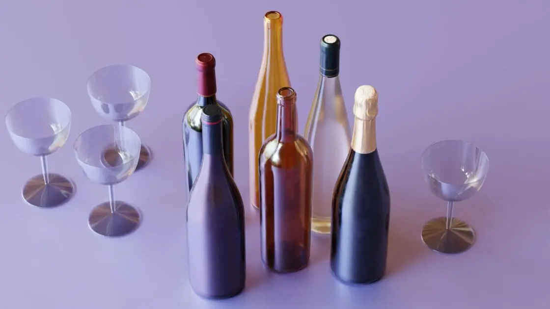 Image of empty non-alcoholic red wine bottles and empty wine glasses with a purple background. Is red wine good for your heart? What about non-alcoholic red wine?