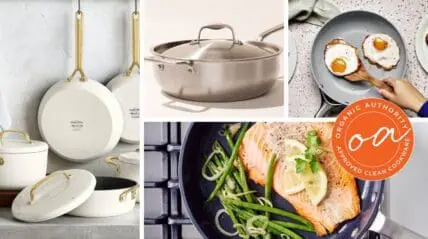 Image of a collage of stainless steel vs ceramic cookware with an Organic Authority Approved Cookware label in orange.