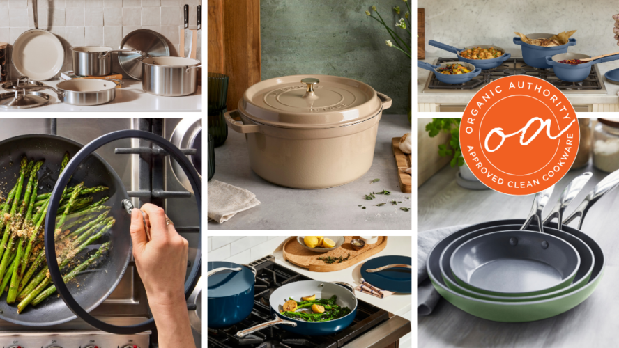 Collage of several images of cookware included on Organic Authority's guide to the 9 best non-toxic cookware options in 2027, including Caraway Home, Misen, Our Place, and more.