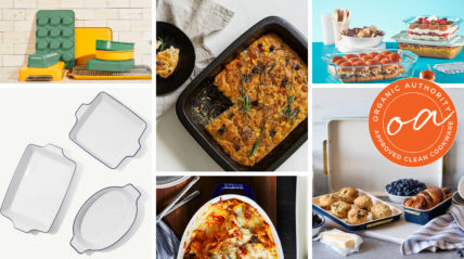 Collage of multiple non-toxic bakeware pieces from brands like Staub, Xtrema, and Caraway.